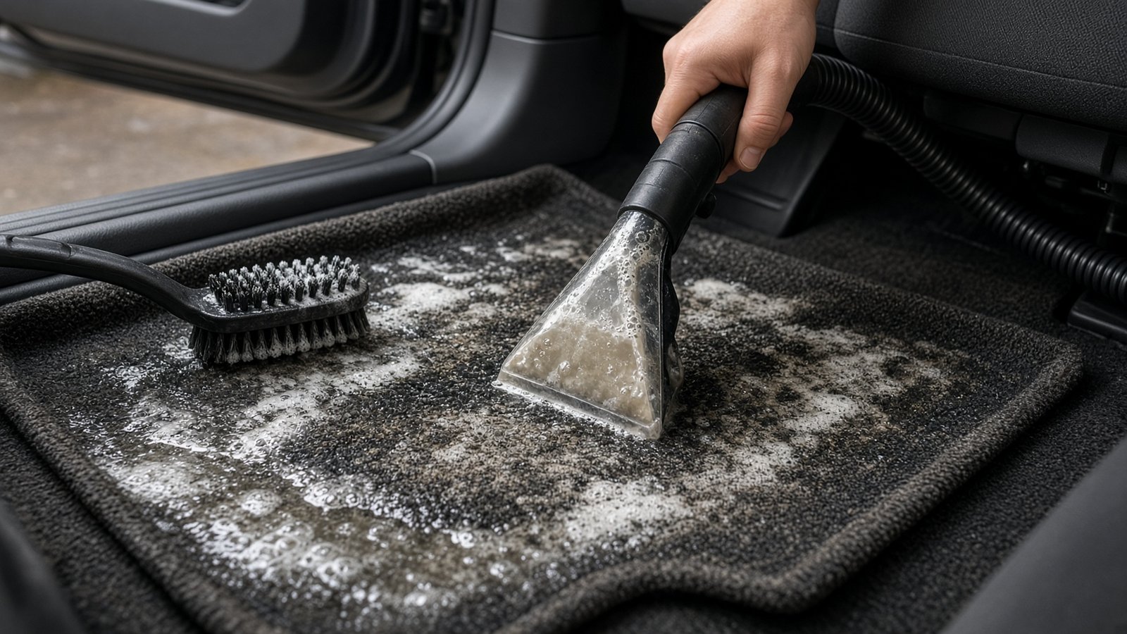 Shampoing extracteur sur tapis de voiture pour une remise à neuf